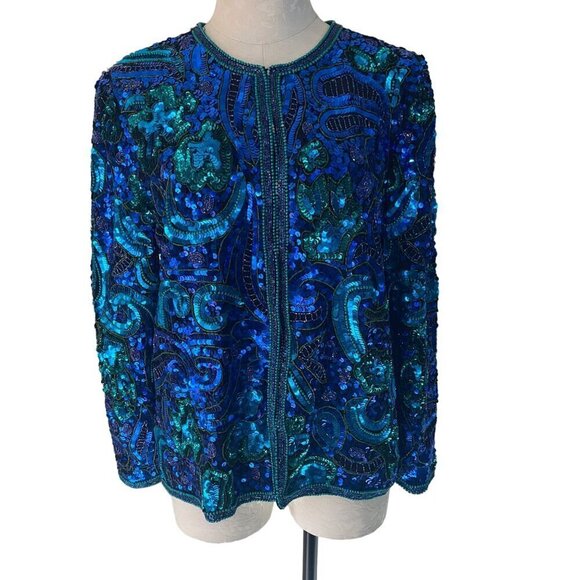 Lawrence Kazar Jackets & Blazers - Laurence Kazar Vintage Womens Jacket Size Large Blue Sequin Long Sleeve